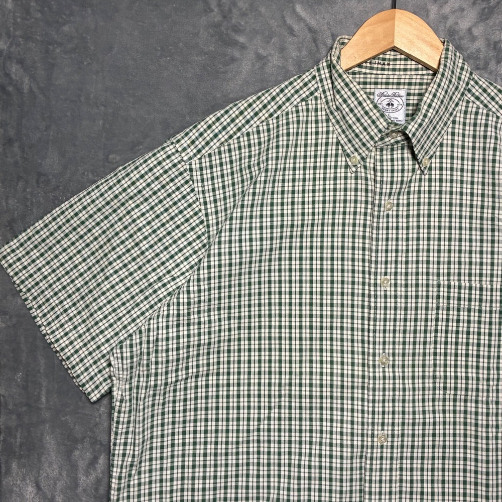 VTG Brooks Brothers Cotton Short Sleeve Plaid Button Down Shirt Green Men's L